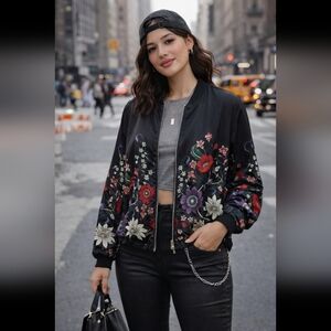 Chico's Silky Black Floral Reversible Bomber Jacket